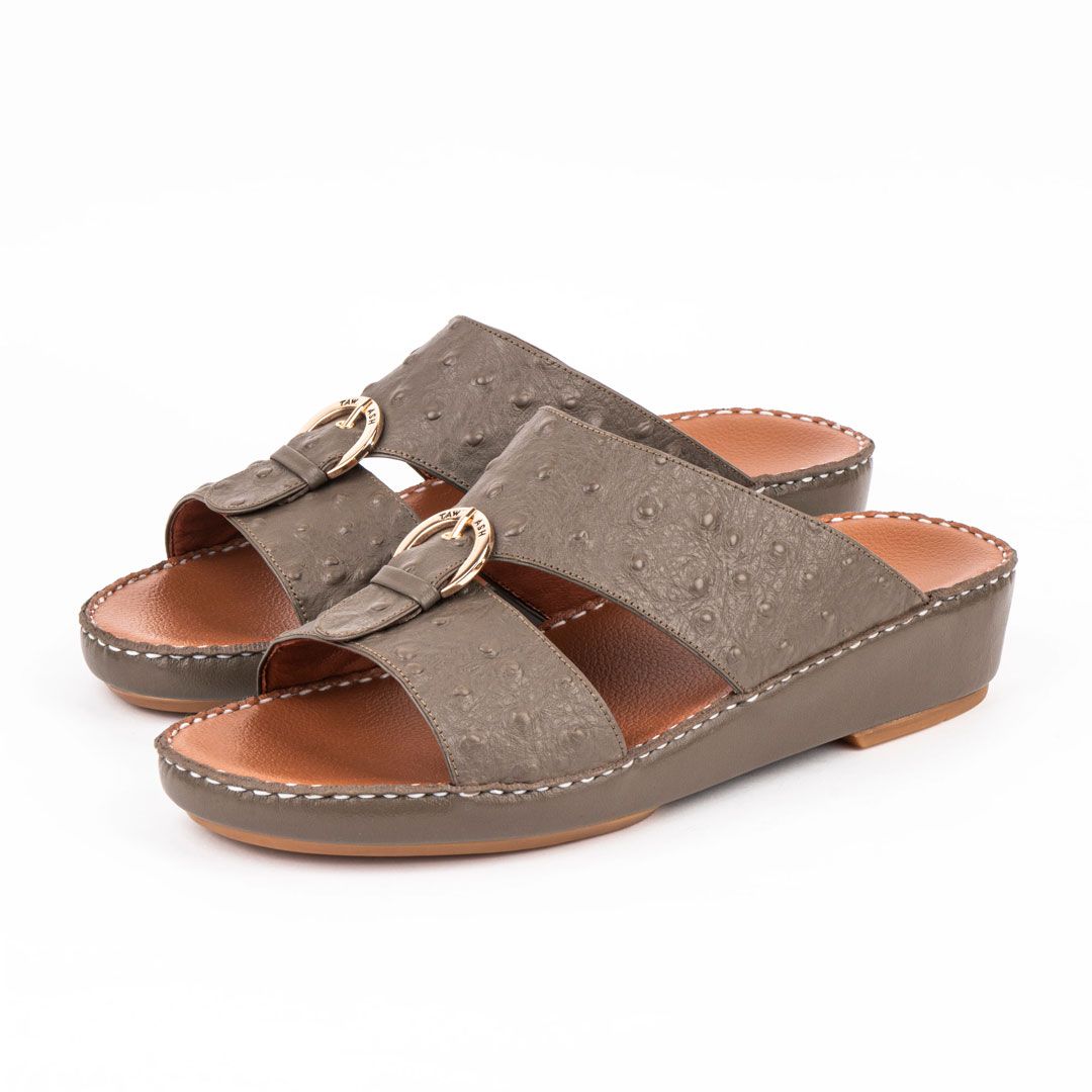 Al Tawash Ostrich Leather Sandal Dark Kaki Color